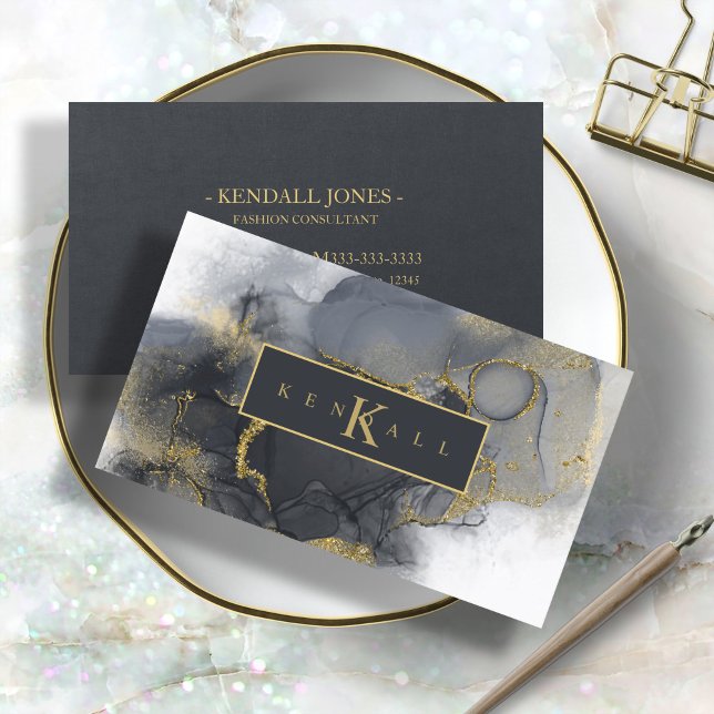 Moody Ink Charcoal Gold Abstract ID988 Business Card (Creator Uploaded)