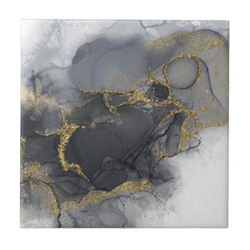 Moody Ink Charcoal Gold Abstract ID988 Ceramic Tile