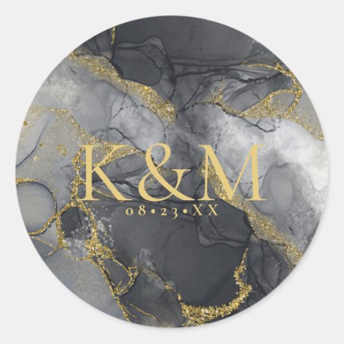 Moody Ink Charcoal Gold Abstract ID988 Classic Round Sticker