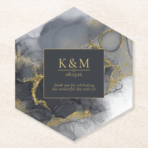 Moody Ink Charcoal Gold Abstract ID988 Paper Coaster