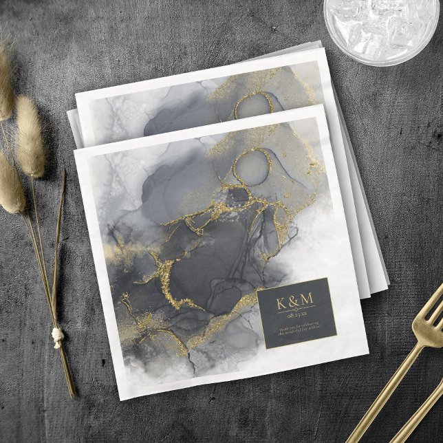 Moody Ink Charcoal Gold Abstract ID988 Paper Dinner Napkins (Creator Uploaded)