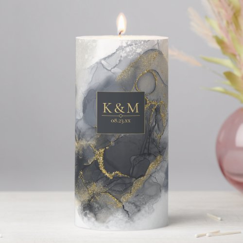 Moody Ink Charcoal Gold Abstract  ID988 Pillar Candle