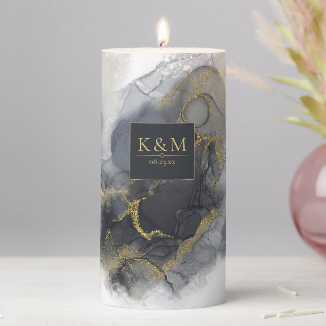 Moody Ink Charcoal Gold Abstract  ID988 Pillar Candle (In Situ)