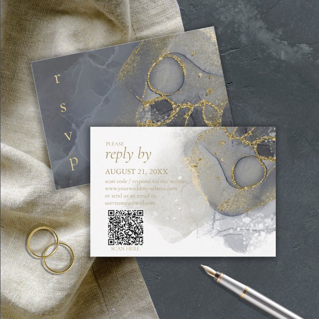 Moody Ink Charcoal Gold Abstract ID988 RSVP Card (Creator Uploaded)
