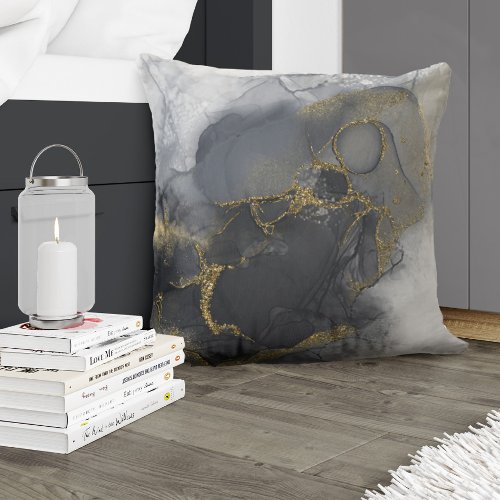 Moody Ink Charcoal Gold Abstract Wht ID988 Throw Pillow