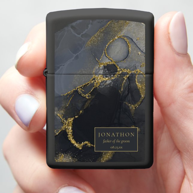 Moody Ink Charcoal Gold Wedding Party ID988 Zippo Lighter (In Hand)