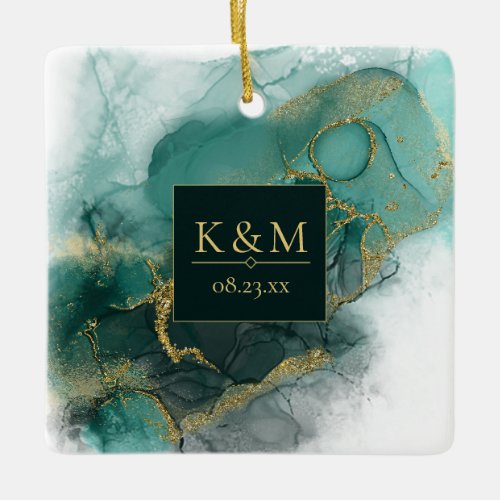 Moody Ink Emerald Gold Abstract Blk ID988 Ceramic Ornament