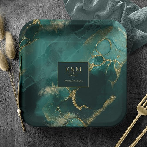 Moody Ink Emerald Gold Abstract Dk ID988 Paper Plates