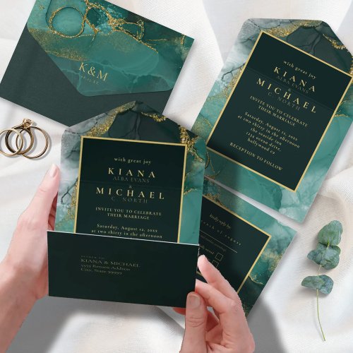 Moody Ink Emerald Gold Abstract ID988 All In One Invitation