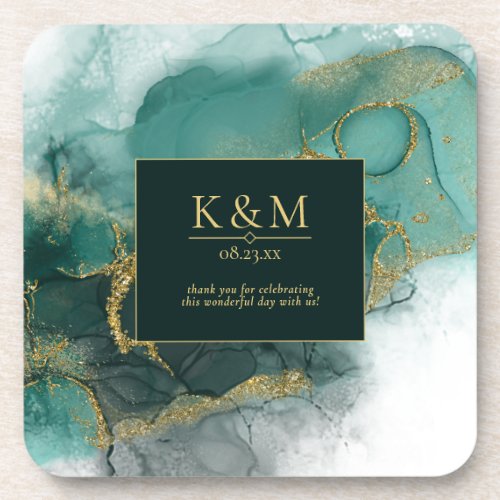 Moody Ink Emerald Gold Abstract ID988 Beverage Coaster
