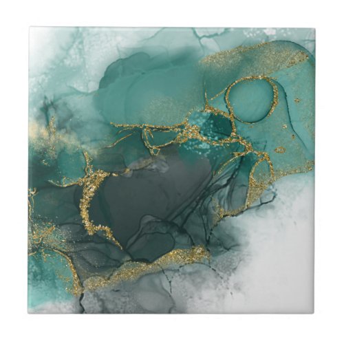 Moody Ink Emerald Gold Abstract ID988 Ceramic Tile