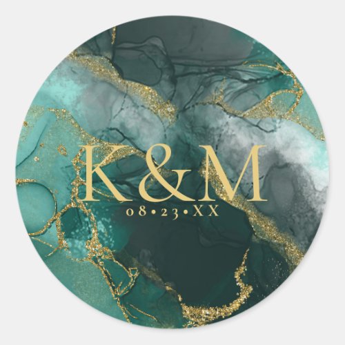 Moody Ink Emerald Gold Abstract ID988 Classic Round Sticker