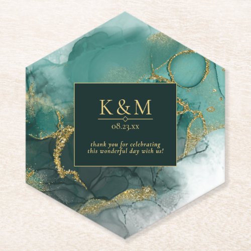 Moody Ink Emerald Gold Abstract ID988 Paper Coaster
