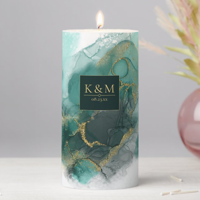 Moody Ink Emerald Gold Abstract  ID988 Pillar Candle (In Situ)