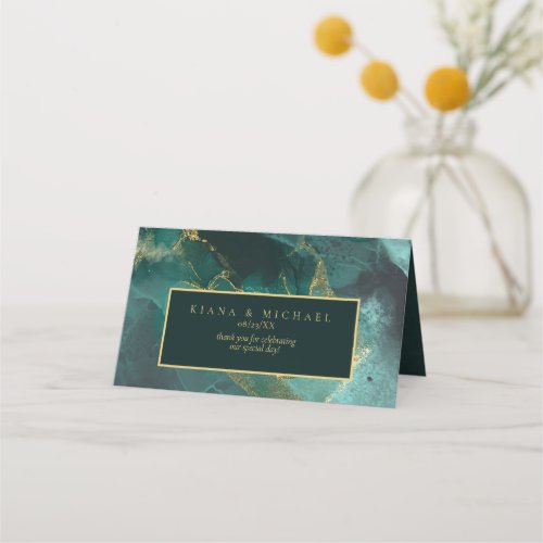 Moody Ink Emerald Gold Abstract ID988 Place Card
