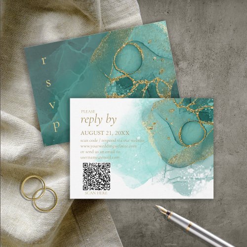 Moody Ink Emerald Gold Abstract ID988 RSVP Card