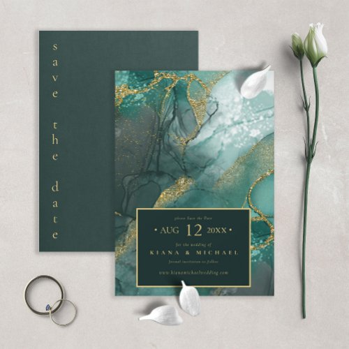 Moody Ink Emerald Gold Abstract ID988 Save The Date