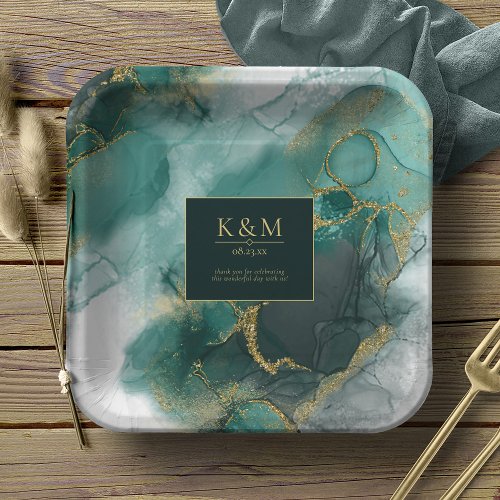 Moody Ink Emerald Gold Abstract Lt ID988 Paper Plates