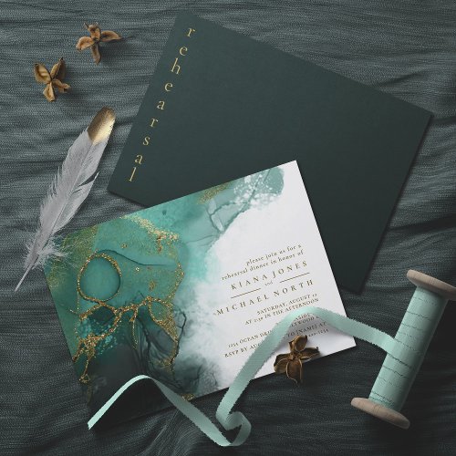 Moody Ink Emerald Gold Abstract Rehearsal ID988 Invitation