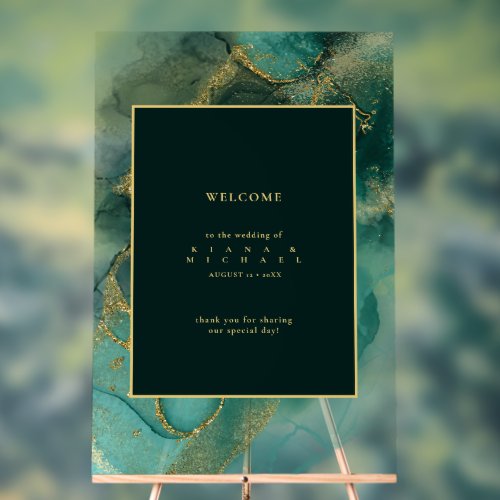 Moody Ink Emerald Gold Abstract Welcome ID988 Acrylic Sign