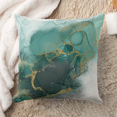Moody Ink Emerald Gold Abstract Wht ID988 Throw Pillow