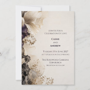 Moody Ivory Black Abstract Floral Wedding Invitation