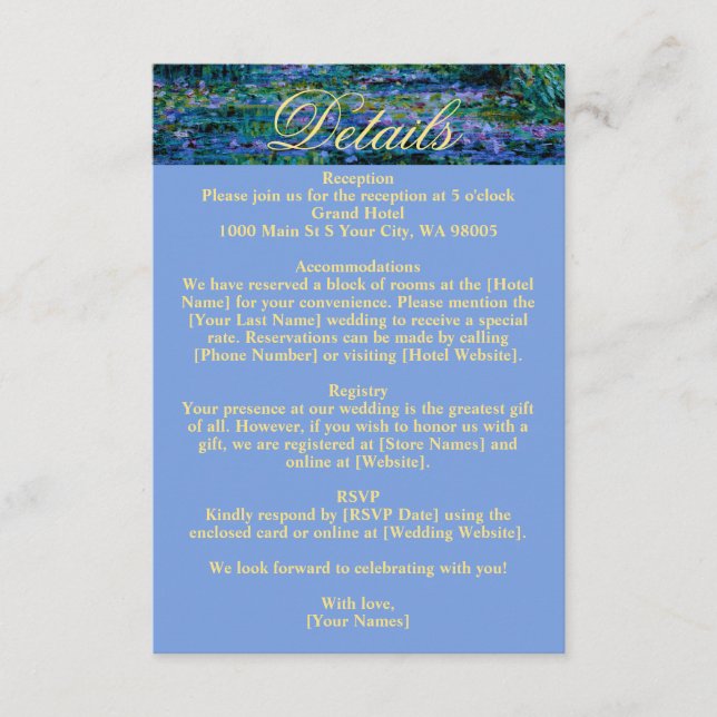 Moody Jewel Tone Monet Water Lilies Art Wedding Enclosure Card (Front)