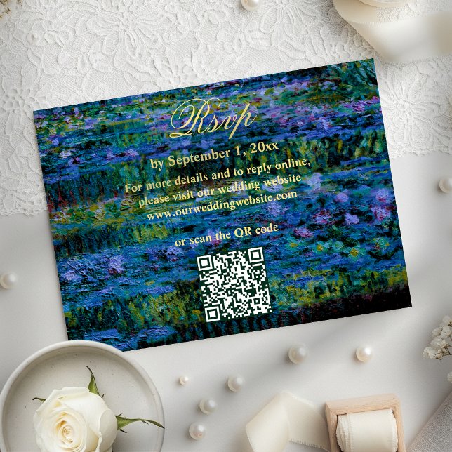 Moody Jewel Tone Water Lilies Wedding Website QR RSVP Card (Creator Uploaded)
