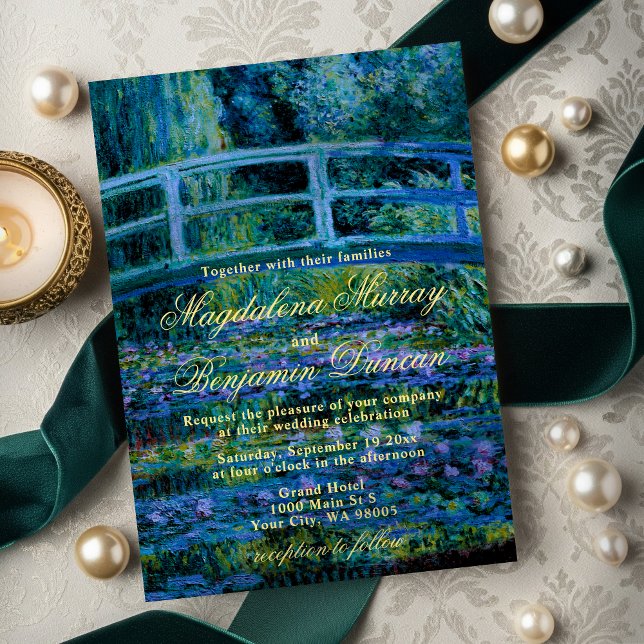 Moody Jewel Tones Monet Lily Pond Fine Art Wedding Invitation (Creator Uploaded)
