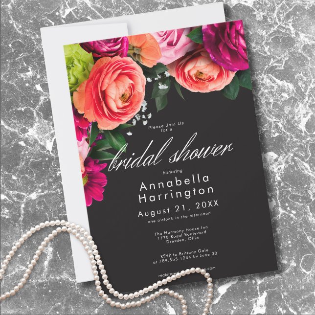 Moody Luxe Floral Vibrant Pink Black Bridal Shower Invitation (Moody Luxe Floral Vibrant Pink Black Bridal Shower Invitation)