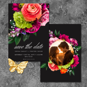 Moody Luxe Floral Vibrant Pink Black Photo Wedding Save The Date