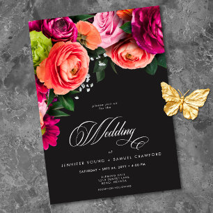 Moody Luxe Floral Vibrant Pink Black Wedding Invitation