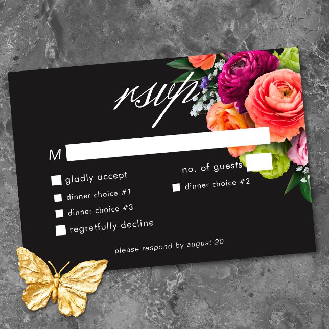 Moody Luxe Floral Vibrant Pink Black Wedding RSVP Card (Moody Luxe Floral Vibrant Pink Black Wedding RSVP Card)