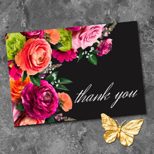 Moody Luxe Floral Vibrant Pink Black Wedding  Thank You Card