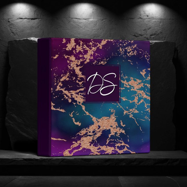 Moody Luxe Marble | Deep Purple and Teal Monogram 3 Ring Binder (Creator Uploaded)