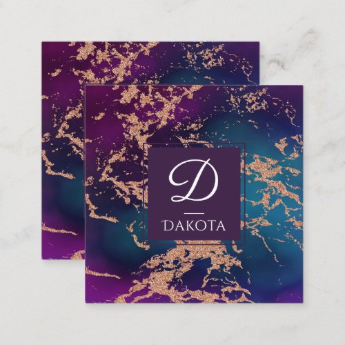 Moody Luxe Marble  Deep Purple and Teal Monogram Square Business Card
