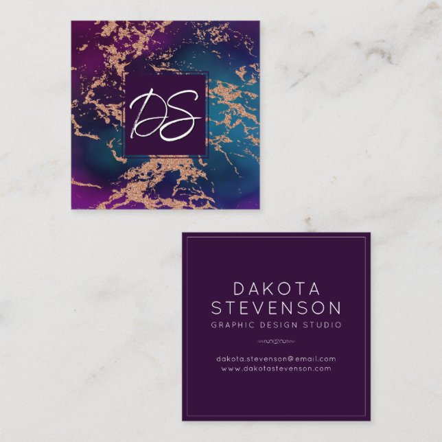 Moody Luxe Marble | Deep Purple and Teal Monogram Square Business Card (Front/Back)