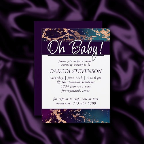 Moody Luxe Marble  Deep Purple and Teal Oh Baby Invitation