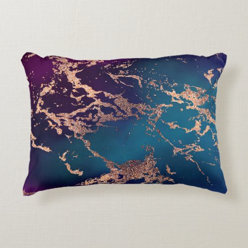 Moody Luxe Marble  Deep Purple and Teal Rose Gold Accent Pillow