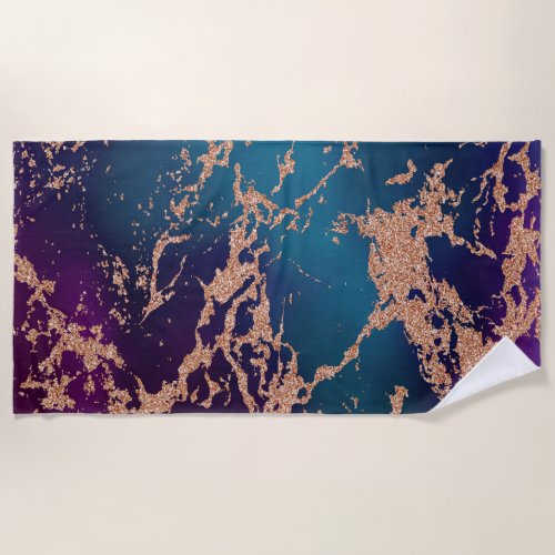 Moody Luxe Marble  Deep Purple and Teal Rose Gold Beach Towel