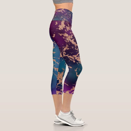 Moody Luxe Marble  Deep Purple and Teal Rose Gold Capri Leggings