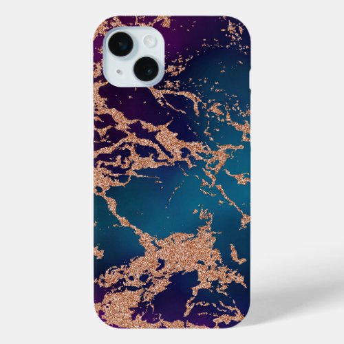 Moody Luxe Marble  Deep Purple and Teal Rose Gold iPhone 15 Plus Case