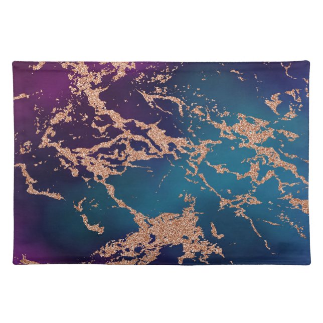 Moody Luxe Marble | Deep Purple and Teal Rose Gold Cloth Placemat (Front)