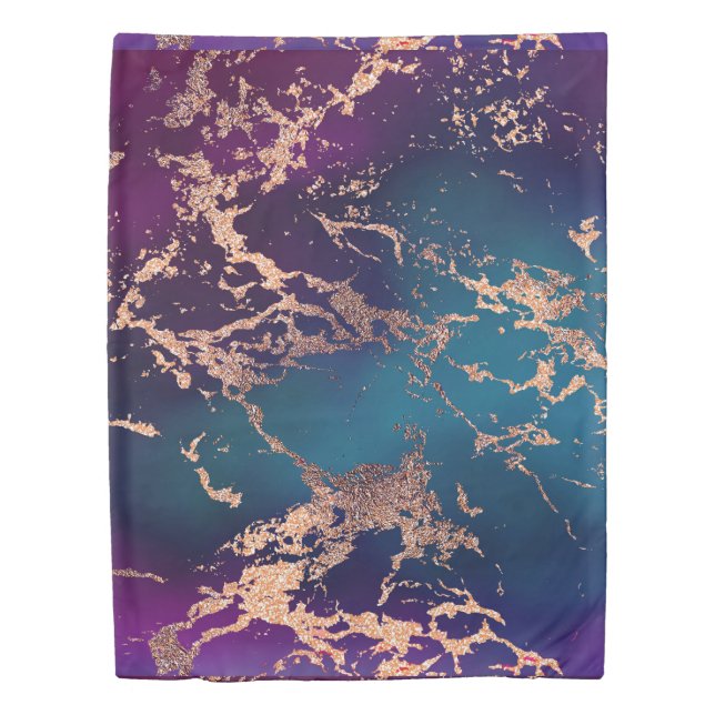 Moody Luxe Marble | Deep Purple and Teal Rose Gold Duvet Cover (Front)