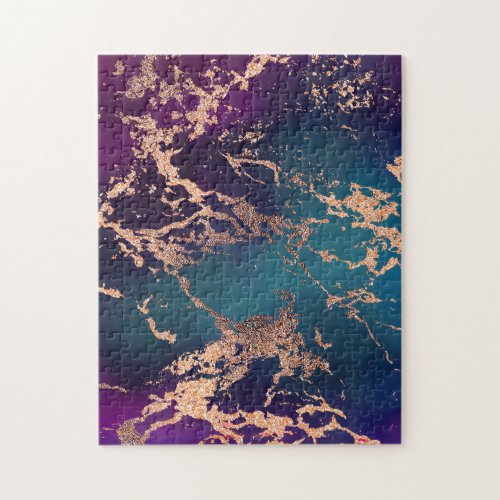 Moody Luxe Marble  Deep Purple and Teal Rose Gold Jigsaw Puzzle