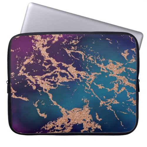 Moody Luxe Marble  Deep Purple and Teal Rose Gold Laptop Sleeve