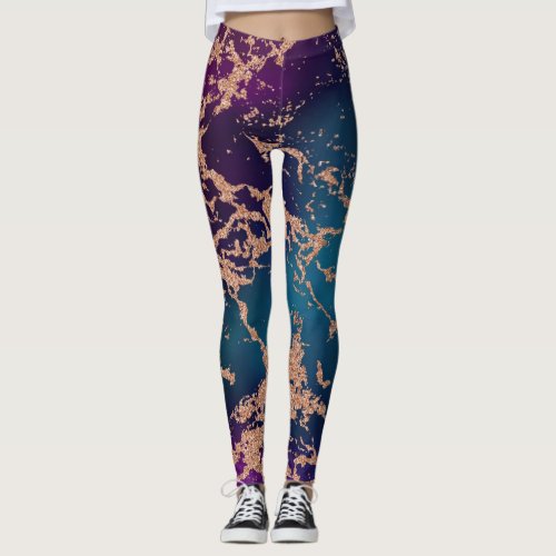 Moody Luxe Marble  Deep Purple and Teal Rose Gold Leggings