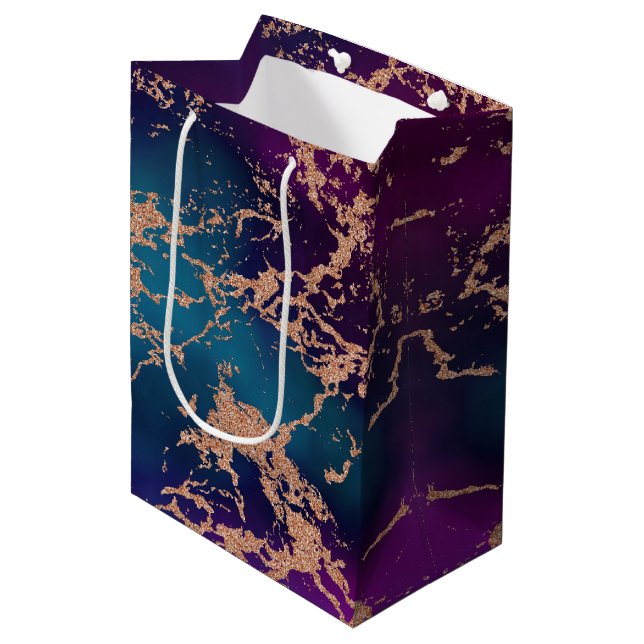 Moody Luxe Marble | Deep Purple and Teal Rose Gold Medium Gift Bag (Front Angled)