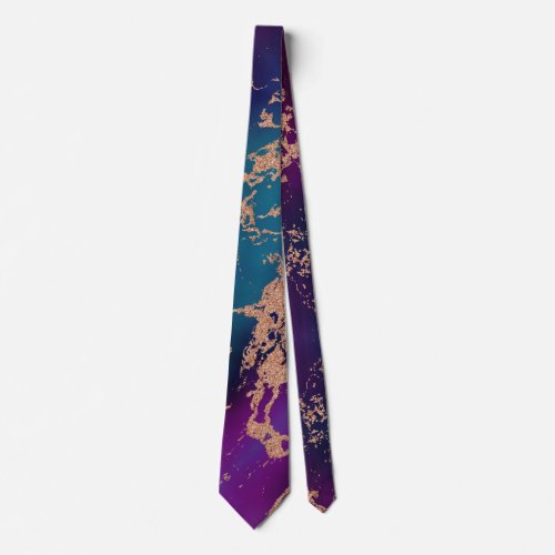 Moody Luxe Marble  Deep Purple and Teal Rose Gold Neck Tie