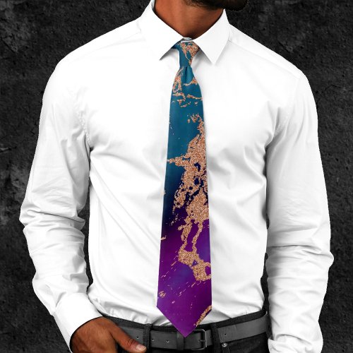 Moody Luxe Marble  Deep Purple and Teal Rose Gold Neck Tie